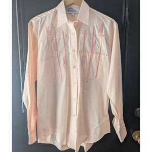 VTG Y2K Light Pink Button Up Shirt Womens Sz M Embroidered Rhinestones Western